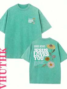 Summer Tops2026VHUTHK Double Sided Printed (230 Pure Cotton T-Shirt) 'JESUS LOVE YOU' Letter And Flower Print, Suitable For Casual, Comfortable, And F - 薄荷綠 - 查看 1
