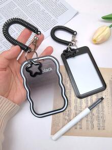 1pc Black Card Holder,Card Sleeve,Suitable For Student ID,Bus Card,Campus Card,HP Photo Paper,Star Chasing Card Set,With Spring Keychain Hanging Pendant,Boarding Pass And Luggage Tag - Black - View 3