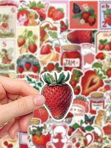 50pcs Strawberry Stickers Aesthetic Vibes For Journal, Phone Case, Tablet, Water Bottle, Desk, Helmet, Bike, Luggage, Waterproof Decals - Multicolor - View 6