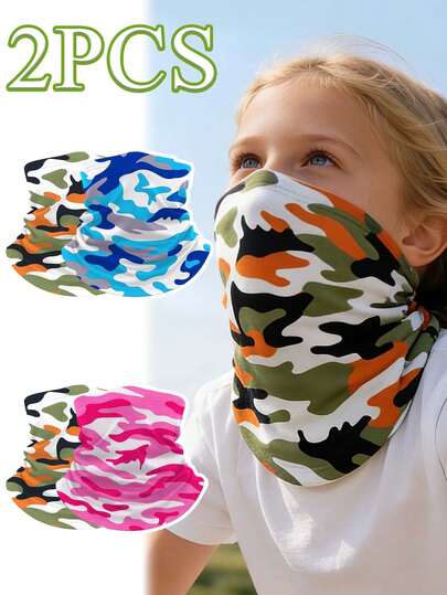 2pcs Kids Summer Neck Gaiter, Outdoor Sports Neck Warmer Face Mask, Camo Floral Multifunctional Headband, Breathable Cooling Neck Scarf, UV Protection For 5-12 Years Old Children