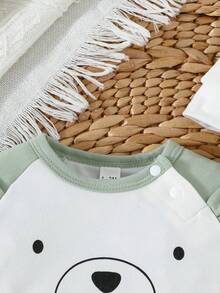 3pcs Baby Outfit Set, Newborn Bear Design Short Sleeve Bodysuit (With Snap Closure Collar) + Shorts + Ear Hat, Suitable For Infant Daily Wear - Mint Green - View 6
