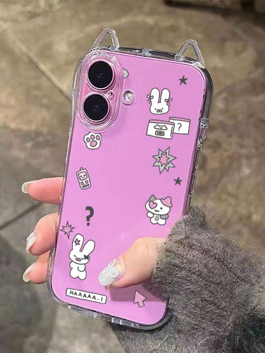 1pc Cute Graffiti Cat, Rabbit, Cake, Star Cat Ear Phone Case, Transparent Shell, Unique Cat Ear Design, Air Cushion Anti-Fall, 1.5mm Soft TPU Shell, Cat Ear Hanging Rope Suitable For IPhone17/17Pro/IPhoneAir/17PROMAX/16/16Pro/16PLUS/16Promax/15Promax/11/12/13/14/15Plus/15Pro/14Pro/13Pro - Multicolor - View 1