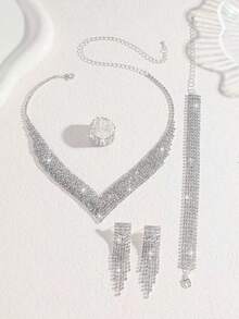 Modeschmuck-Set für Bräute, Halskette mit Strass, Ohrringe, Armband, elastischer Ring - Silber - Übersicht 4