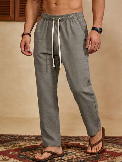 Pantalones de lino de unicolor con cordón en la cintura para hombres, gris, refrescante y minimalista, adecuado para salidas y vacaciones, primavera/verano