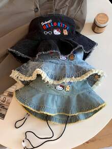 SANRIO 1顶可爱卡通水洗牛仔布毛边渔夫帽，时尚遮阳徒步帽，适合日常佩戴 - 彩色 - 查看 7