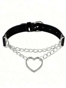 1件装女士原宿风心形链条项链，时尚皮革心形颈链 - 黑色 - 查看 2