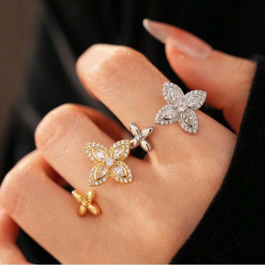 1枚可调节时尚女士幸运四叶草花朵开口戒指 - 幸運花朵手鍊 - 查看 1