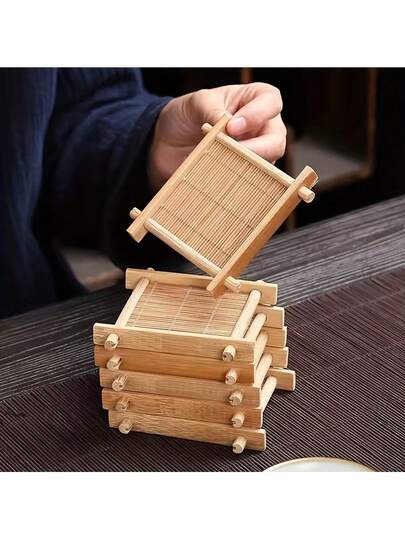 2件套迷你竹制杯垫和装饰托盘套装，耐热杯垫，厨房和餐厅装饰，摄影道具，农舍家居装饰，木质托盘，茶会必备，简约风格，咖啡爱好者