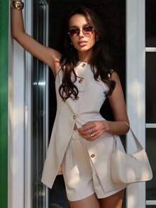 Yuyi Clothing 花卉金属扣无袖连体裤，收腰不对称下摆两件套，复古优雅风格，适合日常通勤、外出和约会，百搭春夏装扮 - 卡其色 - 查看 4