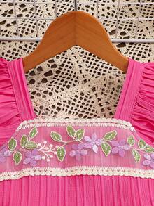 夏季女童刺绣荷叶袖连衣裙，收腰公主裙，亮粉色女童连衣裙 - 玫紅色 - 查看 3