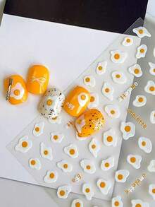 1pc Embossed Fried Egg Nail Art Sticker, Minimalist Sweet Cute Cartoon Pattern, Popular Nail Decor Sticker, Waterproof Long-Lasting Easy To Apply DIY Nail Art Accessory - Multicolor - View 4