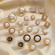 32对时尚复古几何圆形心形仿珍珠耳环，适合日常休闲佩戴、度假，也是节日送礼佳品。（随机发货） - 彩色 - 查看 3