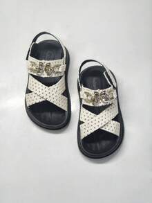 婴儿蝴蝶金属扣凉鞋，绑带魔术贴平底沙滩鞋，夏季 - 米色 - 查看 4