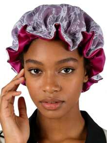 Mũ ngủ bằng ren satin cao cấp dành cho nữ, mũ ngủ hai lớp bằng lụa mềm mại với viền xếp nếp, mũ trùm tóc lớn hai mặt (ren trắng & ren đen) - Nhiều màu - Xem 8