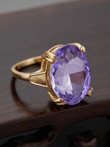 1PC Luxury Purple Large Crystal Gold Colour Ring Women's Luxury Wedding Accessories Bridal Engagement Party Jewellery - Purple - View 9