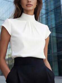 Women's Elegant Mandarin Collar Short Sleeve Blouse - Crisp White Satin Texture, Versatile For Work, Party, Spring/Summer/Autumn, Classic Solid Color Satin Shirt With Delicate Pleated Design, Slimming And Stylish - White - View 6