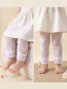 1/3 Pairs Beige Lace-Trim Baby Capri Tights With Heart Jacquard Cut-Outs, Girls Lolita Tights With Mosquito Protection & Snag-Resistant Fit, Ultra Soft Stretchy Breathable Non-Binding Everyday Capris, 0-36 Months For Spring Summer School Wedding & Daily Wear, Baby Tights, Girls Tights, Lolita Tights, Capri Tights, Sheer Tights, Back To School Gift Girls Wardrobe Collection - Multicolor - View 3