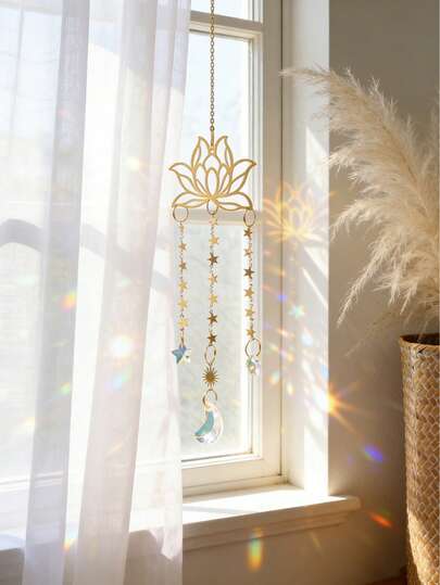 1件波西米亚莲花造型阳光捕捉器吊坠，人造水晶窗饰，月星棱镜光影吊坠，波西米亚风格灵性装饰，适用于客厅、卧室、窗户、阳台、花园、冥想空间、瑜伽室、办公室、婚礼派对、礼品装饰