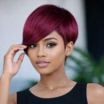 女士时尚精灵短发假发 - 180% 密度，短直发，8 英寸长刘海，纯色 99J，采用巴西原生人发制成，无胶全机织，玫瑰网帽，适合所有女性