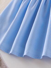 女婴温柔航海风领口3D蝴蝶结条纹无袖连衣裙，夏季 - 藍色 - 查看 6