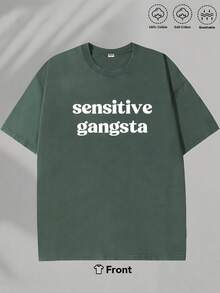 Sensitive Gangsta T Shirt Retro Washed T-Shirt Double Sided Printed 230 Pure Cotton T-Shirt Men's T-Shirt Men's Casual Comfortable Fashionable T-Shirt Street Style Cotton - 軍綠色 - 查看 2