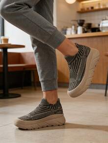 Women's Wide Toe Box Knit Sneakers With Thick EVA Platform – Fashionable Slip-On Design In Black & Beige Abstract Print – Comfortable All-Day Wear - Black Coffee - View 2