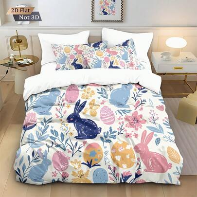 3pcs Easter Bunny Digital Print Duvet Cover Set, Including 1 Duvet Cover And 2 Pillow Shams, No Filling, Soft And Comfortable Bedding, Polyester, Suitable For Indoor Decor, Home Goods, All Seasons, Suitable For Boys, Girls, Teens