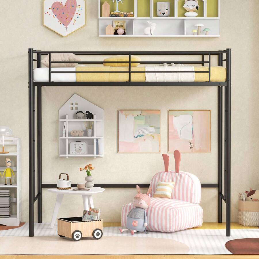 COSTWAY Metal Space-Saving Loft Bed Frame With Full-Length Guardrail, Black - Black - View 1