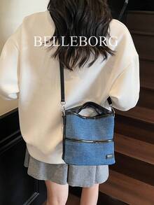 Contrast Color Denim Retro Bucket Tote Bag, Commuter Handbag For Women - Black - View 7