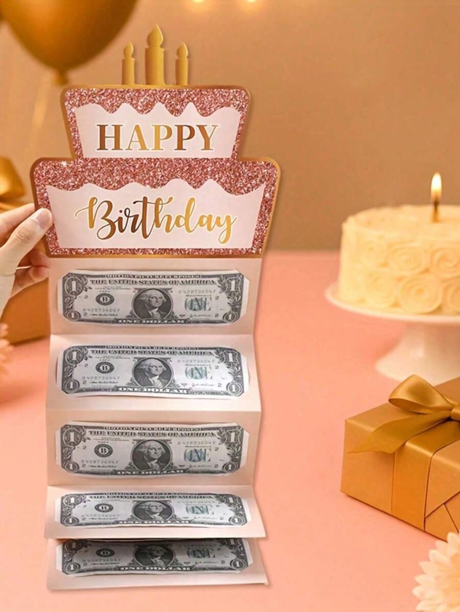Birthday Card Set, Pink & Gold Banknote Card With Envelope, Folding Card, Happy Birthday, Birthday Celebration Supplies, Unique Creative Cash Holder, Party Gift - Surprise Gift Card - View 1