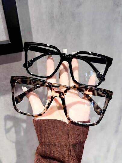 2 piezas Gafas cuadradas transparentes de estilo bohemio con estampado de leopardo de material TR, adecuadas para todas las estaciones