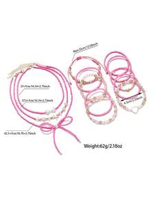 粉色串珠蝴蝶爱心吊坠项链手链套装，甜美可爱，适合日常佩戴、通勤和度假。 - 彩色 - 查看 4