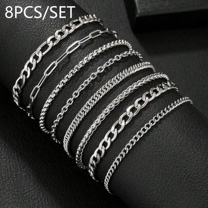 8pcs Stainless Steel Bracelet Set, Chain Bracelets For Men & Women