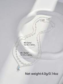 2pcs/Set Silver Jewelry Elegant Simple Silver Flat Cross Chain & Lip Chain With Blue Teardrop Copper Pendant Necklace Set For Women - Silver - View 5