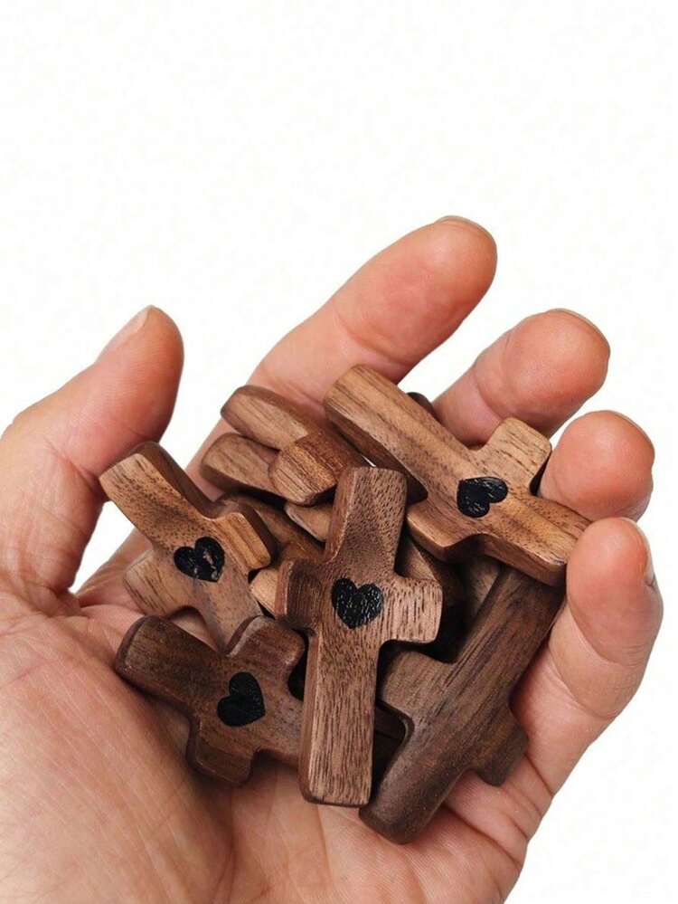 Wooden Heart-Shaped Cross, Inspirational Small Wooden Cross Gift, Handheld Pocket Cross, Religious Gift For Stress Relief, Church Gift, Easter Gift, God Be With You, Inspirational Gift, Multifunctional, Decorative, Reusable, Elegant, Fashionable, High-Quality, Colorful, Modern, Customized, Personalized, Unique, Custom Holiday Party Supplies - Multicolor - View 3
