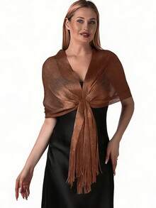 Shiny Metallic Champagne Gold Shawl, Women's Elegant Breathable Tassel Scarf, Wedding Party Formal Dress Outerwear - Champagne Gold - View 6