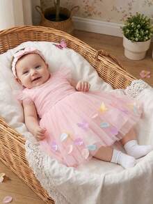 Baby Girls' Pink Party Dress, 0-2 Years Old Infant Birthday Party Tulle Skirt - Pink - View 2