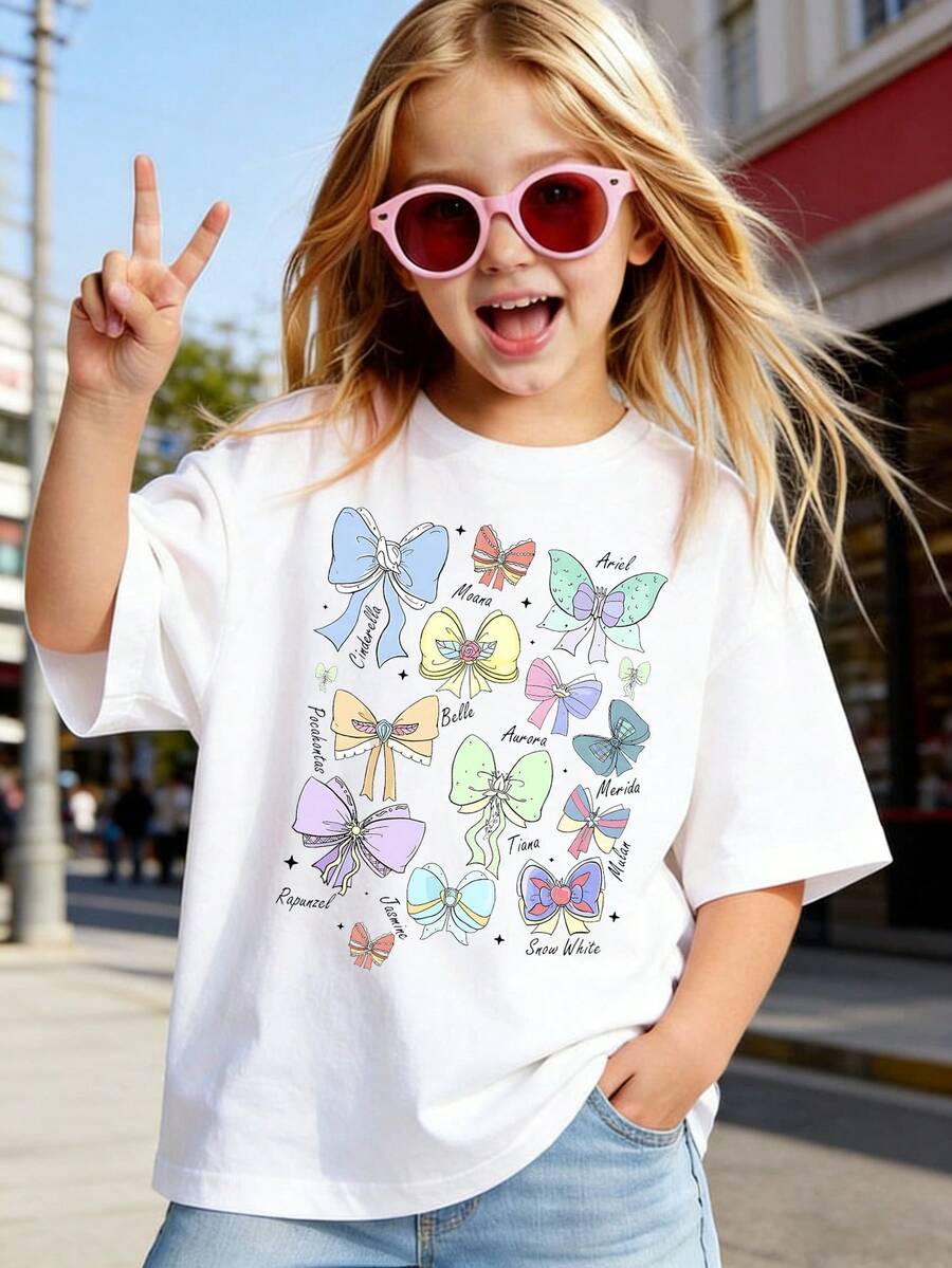 Disney  Exclusive Princess-Style Bows - Featuring Refreshing Macaroon Color Scheme - For Princesses Such As Xandoria And Ariel Print Pattern Summer Tops,Short-Sleeved Casual And Cute Style  Children's Clothing Design, Girl Clothes For Kids ,Ropa Para Niños,Girl Clothes For Kids,Graphic Tee, Summer Clothes,Perfect For Cool Girls. Comfortable And Breathable Children's Short-Sleeved T-Shirt. Comfortable And Casual Wear All Year Round 180g Pure Cotton Children's Clothes,Comfortable & Lightweight, Iconic Print For Mix-And-Match Outfits,Suitable For Both Boys And Girls. - 白色 - 查看 1