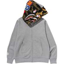 Bape A BATHING APE FW25 Half Camouflage Double Hooded Sweatshirt With Shark Logo On Cuffs, Men's - 灰色 - 查看 1