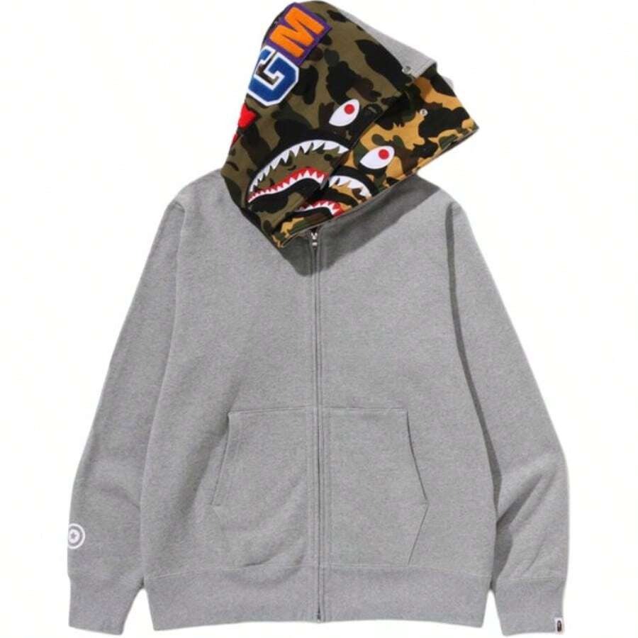 Bape A BATHING APE FW25 Half Camouflage Double Hooded Sweatshirt With Shark Logo On Cuffs, Men's - 灰色 - 查看 1
