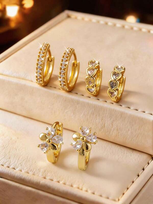 1 Pair/3 Pairs Fashionable Elegant Copper 18K Gold Plated Artificial Zirconia Heart & Flower Hoop Earrings, Daily Wear Earrings, Gift For Friends On Holidays And Birthdays