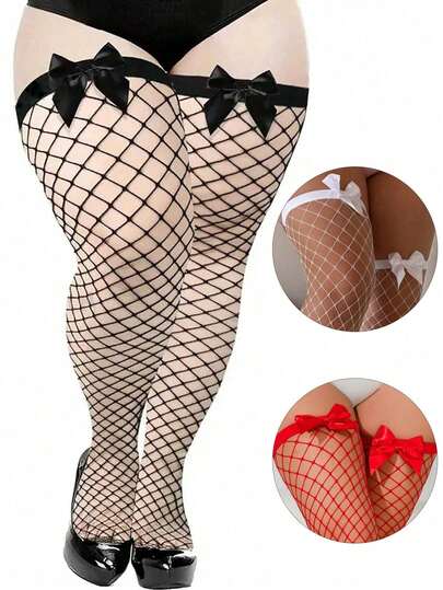 1 par de medias altas muslo sexy de malla para mujer de talla grande, medias largas negras gruesas con lazo calado sobre la rodilla