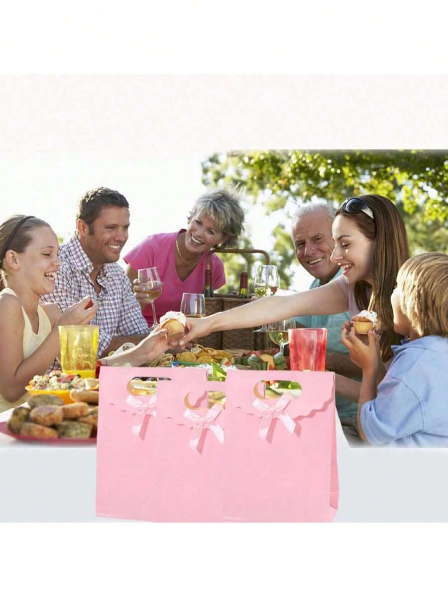 6个粉色蝴蝶结礼品袋，带提手，纸质翻盖袋，适用于派对礼物、母亲节、婚礼、生日、婴儿派对、毕业典礼等场合，尺寸为8.26 x 5.7 x 2.36英寸 - 查看 1