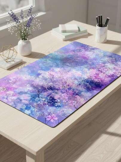 大尺寸防水防滑光滑布面梦幻紫蓝花卉金色图案鼠标垫，也可作键盘垫、桌垫或书架使用，适合游戏玩家、办公室和宿舍使用，兼容鼠标和轨迹球，是送给游戏玩家的绝佳礼物。