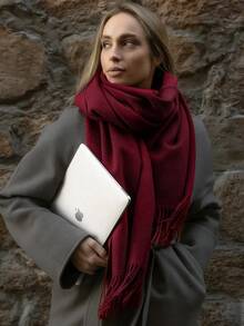 Plain Thick Winter Pashmina Scarf 250g With Fringe, Unisex, Soft And Warm - Burgundy - View 12