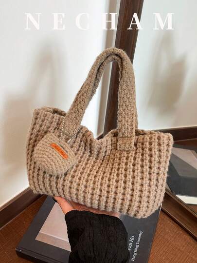 1pc Fashion Woven Handbag With Charm Accessory, Solid Color Versatile Daily Shoulder Bag