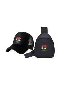 2件套儿童26字母印花卡车司机帽和胸包套装，时尚休闲遮阳帽，方便的迷你零钱包，适合女孩返校日常穿着 - 黑色 - 查看 10