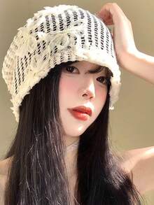 1顶春夏新款3D立体花卉刺绣镂空透气轻便宽檐女帽 - 白色 - 查看 3