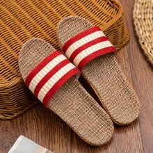 夏季亚麻拖鞋，轻便防滑室内拖鞋，软底卧室拖鞋，时尚简约设计 - 紅色 - 查看 2