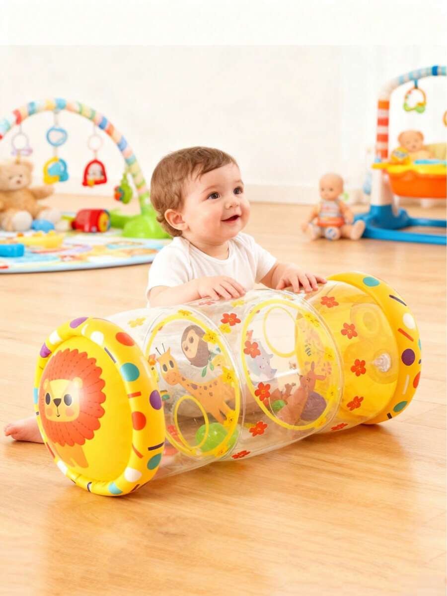 婴儿爬行玩具，鼓励爬行，早期发育活动，包含摇铃、滚球和内置铃铛，可爱动物造型，有助于发展运动技能，适合6个月、1-3岁儿童。